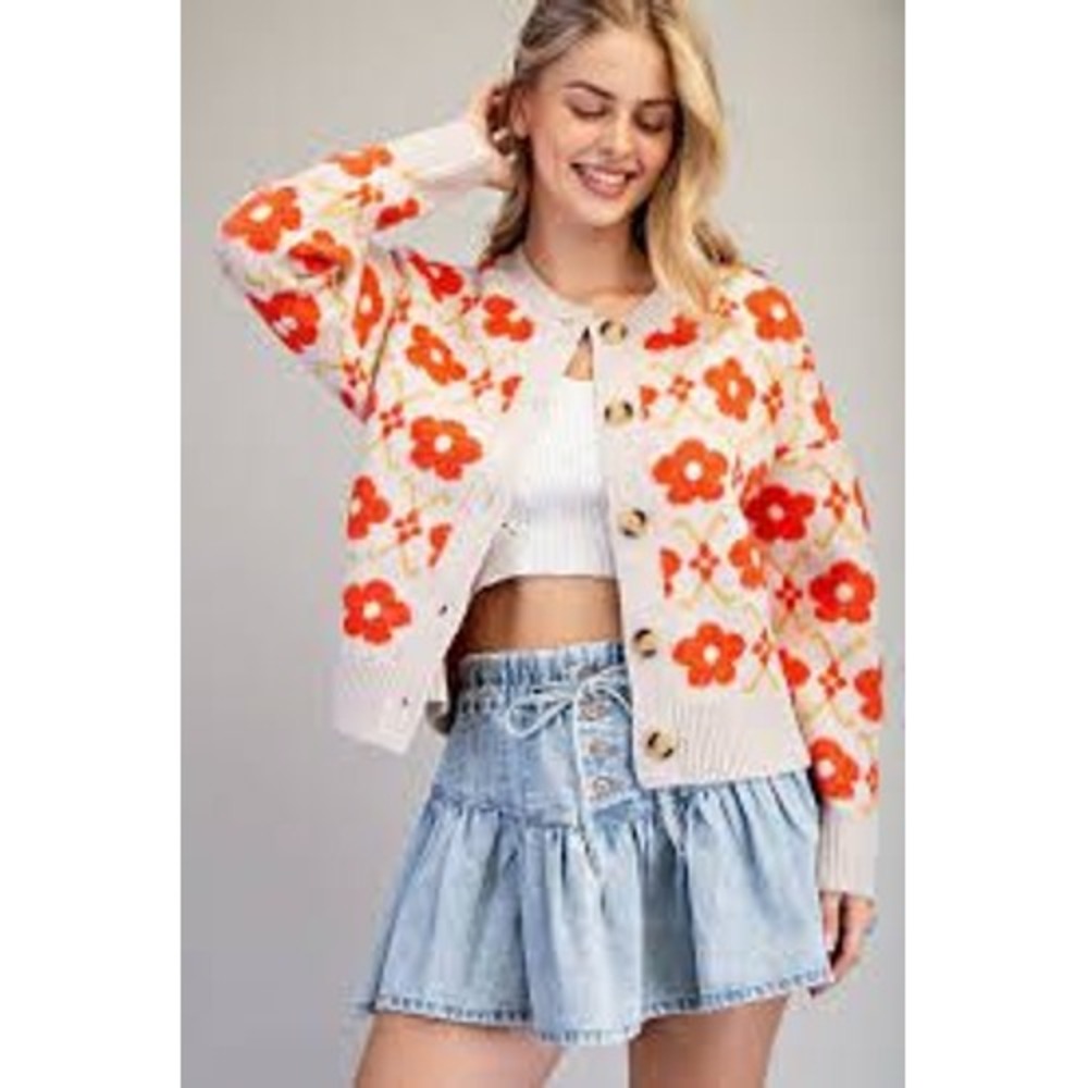 Floral Knit Cardigan Orange Cream Button Front Retro Long Sleeve Sweater Large